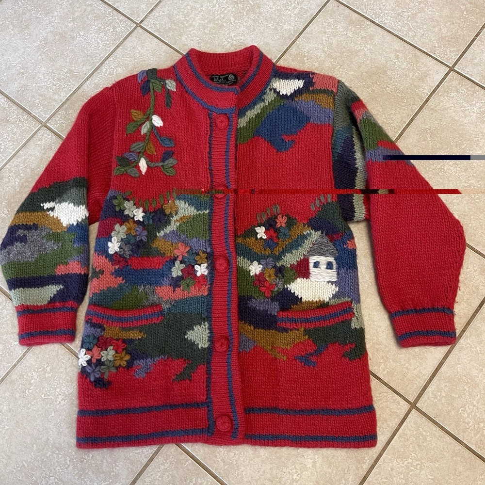 DOBRILA Vintage 80s Wool Sweater Cardigan Hand Knit‎ Sz S Landscape Heavyweight